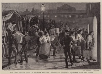 Das Heeresdienstkorps in den Colwort-Kasernen, Portsmouth, erhält Ausrüstung aus den Lagern